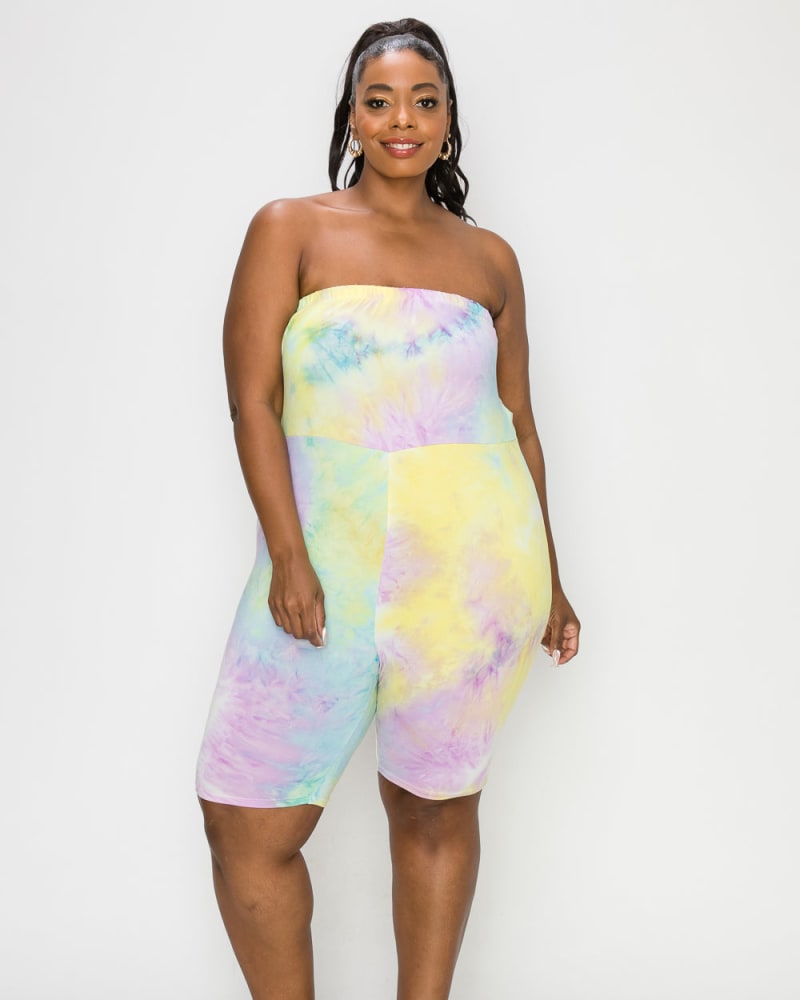 Front of a model wearing a size 1X Sydney Tie Dye Romper in Lavender/Mint/Banana TD by L I V D. | dia_product_style_image_id:240607